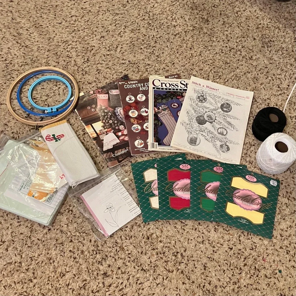 Vintage Cross Stitch Lot: Magazines Patterns Embroidery Hoops Aida Cloth Thread